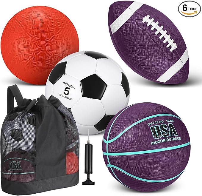 Lenwen 4 Pcs Sports Balls Set, Include Official Size Basketball Soccer Football Playground Ball Pump Equipment Bag for Teen Adult Gift Operation Christmas Ball Gifts