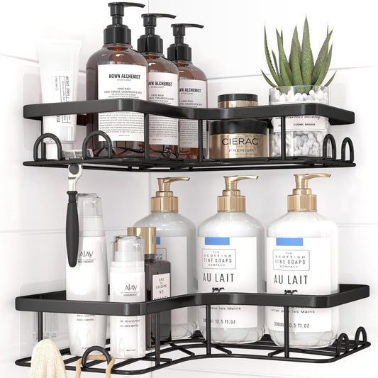 Sakugi Corner Shower Caddy - Rustproof Stainless Steel Organizers with 8 Hooks | No-Drill, Space-Saving, Black, 2 Pack