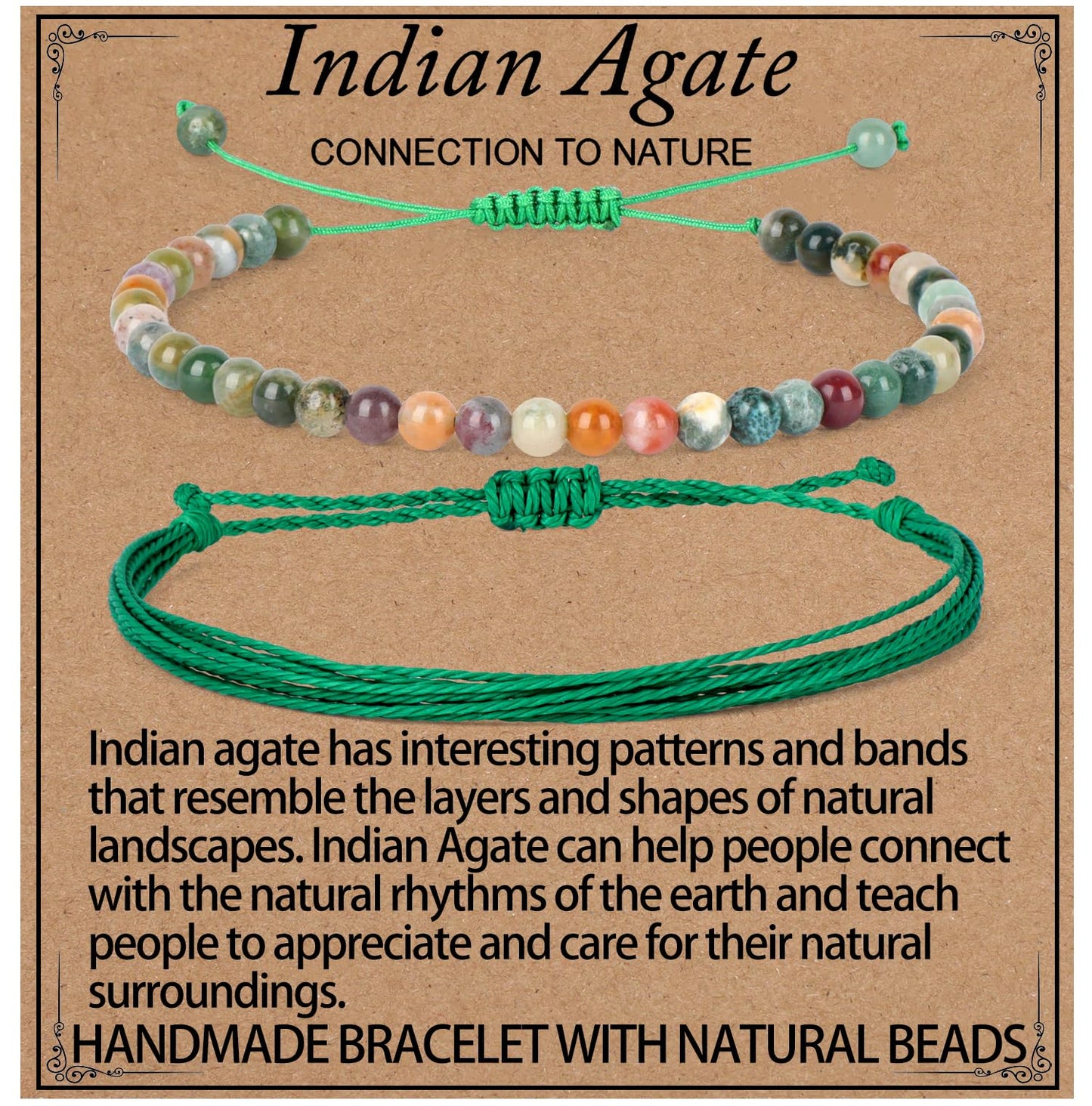 LPBeads 4mm Indian Agate Bracelet with Handmade Rope Bracelet Size Adjustable Natural Stone Crystal Healing Bracelets Gifts for Unisex Adults
