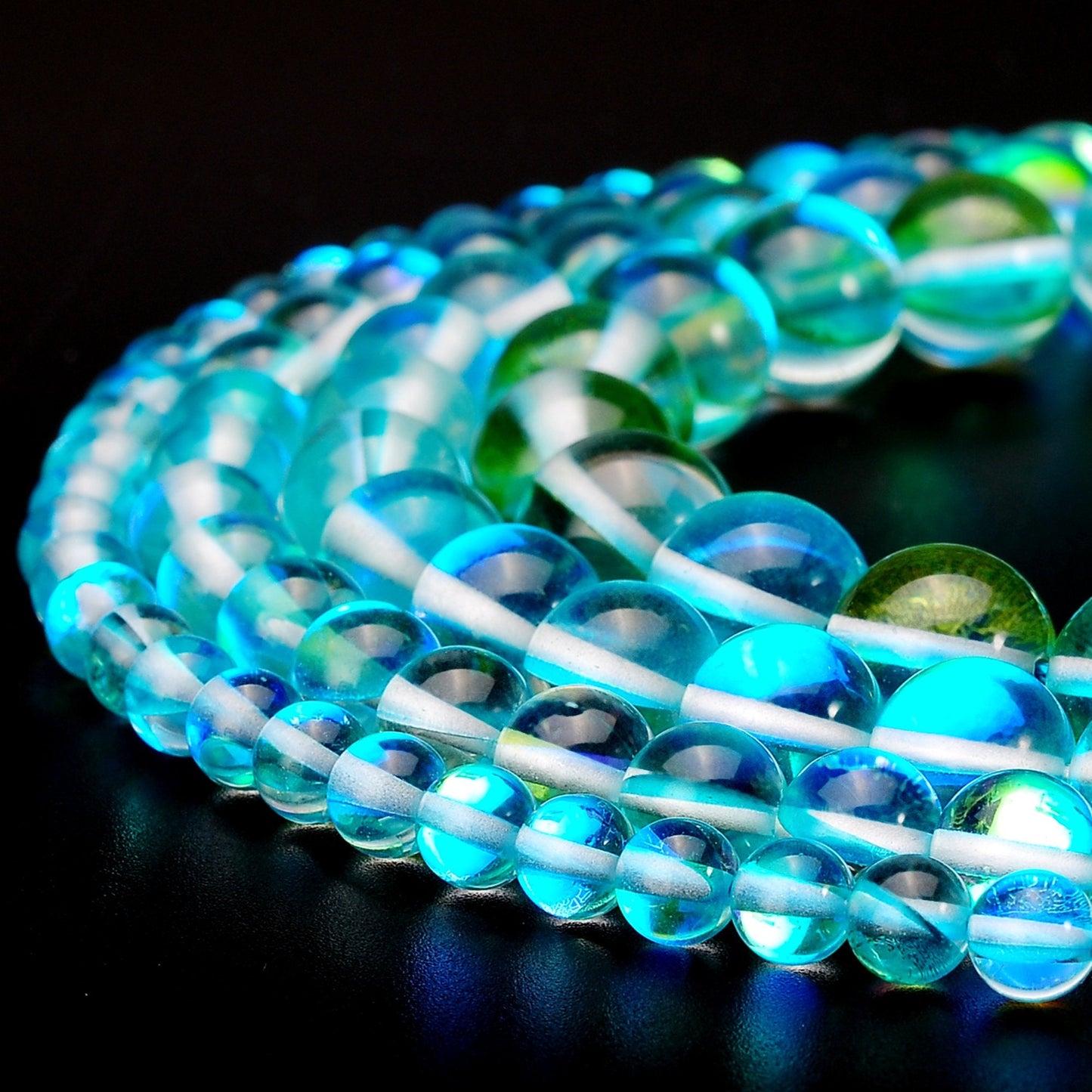 RUBYCA Round Moonstone Crystal Glass Beads Aura Iridescent for Jewelry Making (1 Strand, 10mm, Blue)