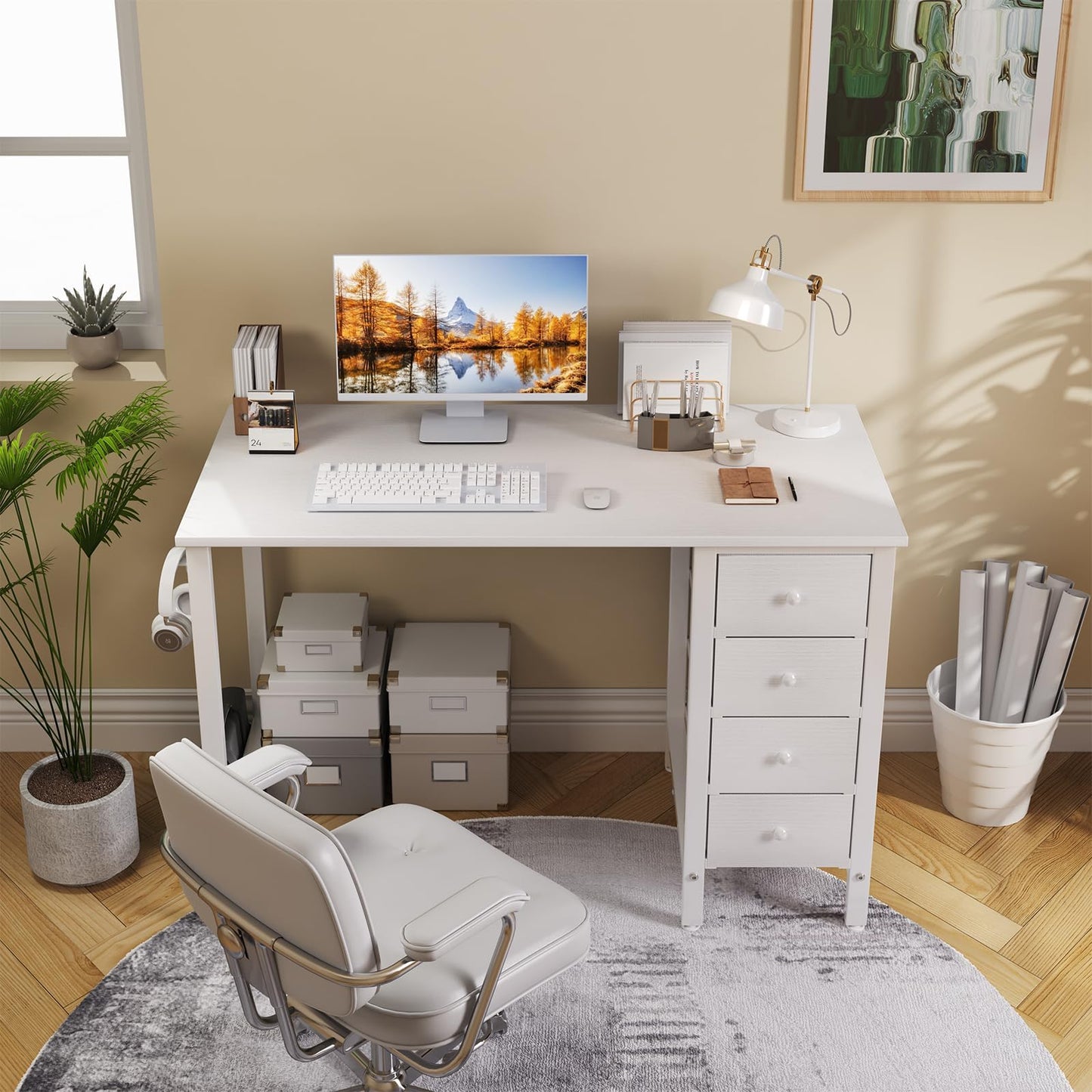 Lufeiya Small White Desk with Drawers for Bedroom, 40 Inch Kids Girls Study Desks, Reversible Computer Writing Nail Table with Fabric Drawer for Small Spaces Home Office Manicure