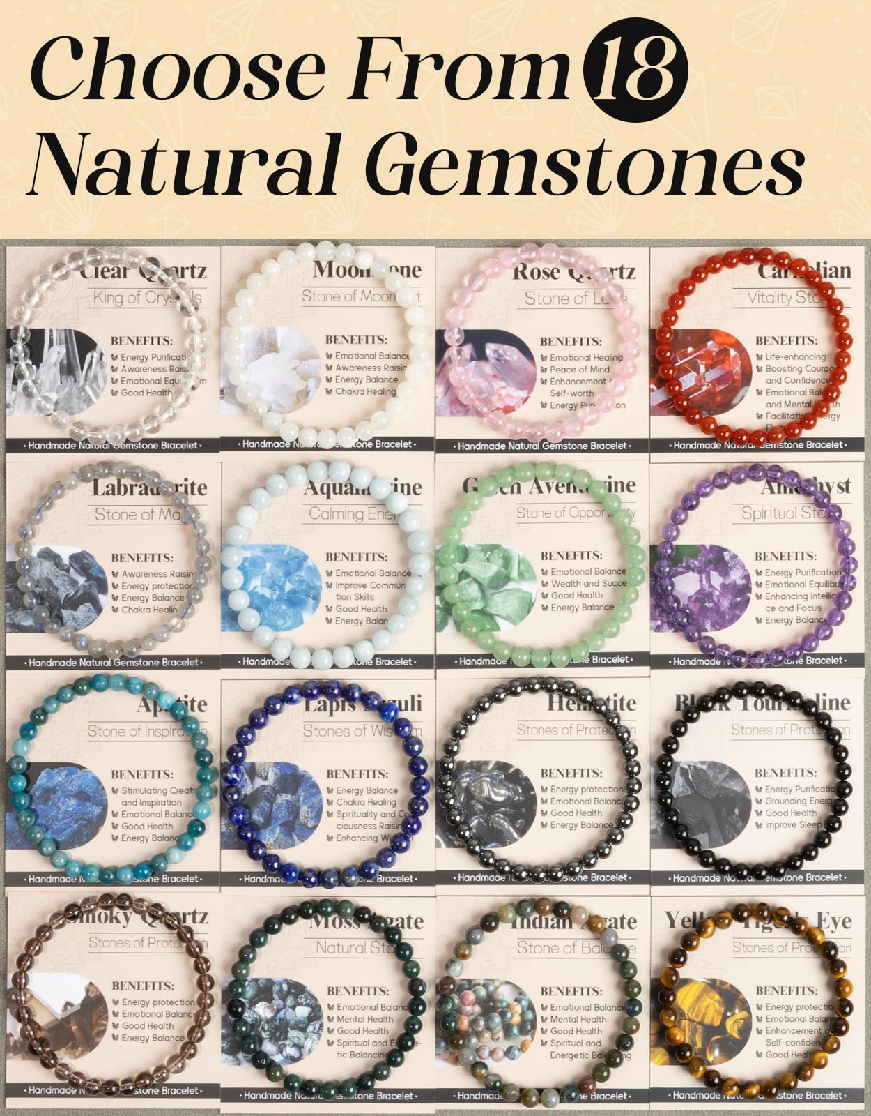 Landorilo Beaded Bracelet for Men Women, 6mm Natural Stone Black Tourmaline Healing Crystal Stretch Bracelets, Ideal Christmas Birthday Jewelry Gifts with Energy Card，Replacement Beads Included