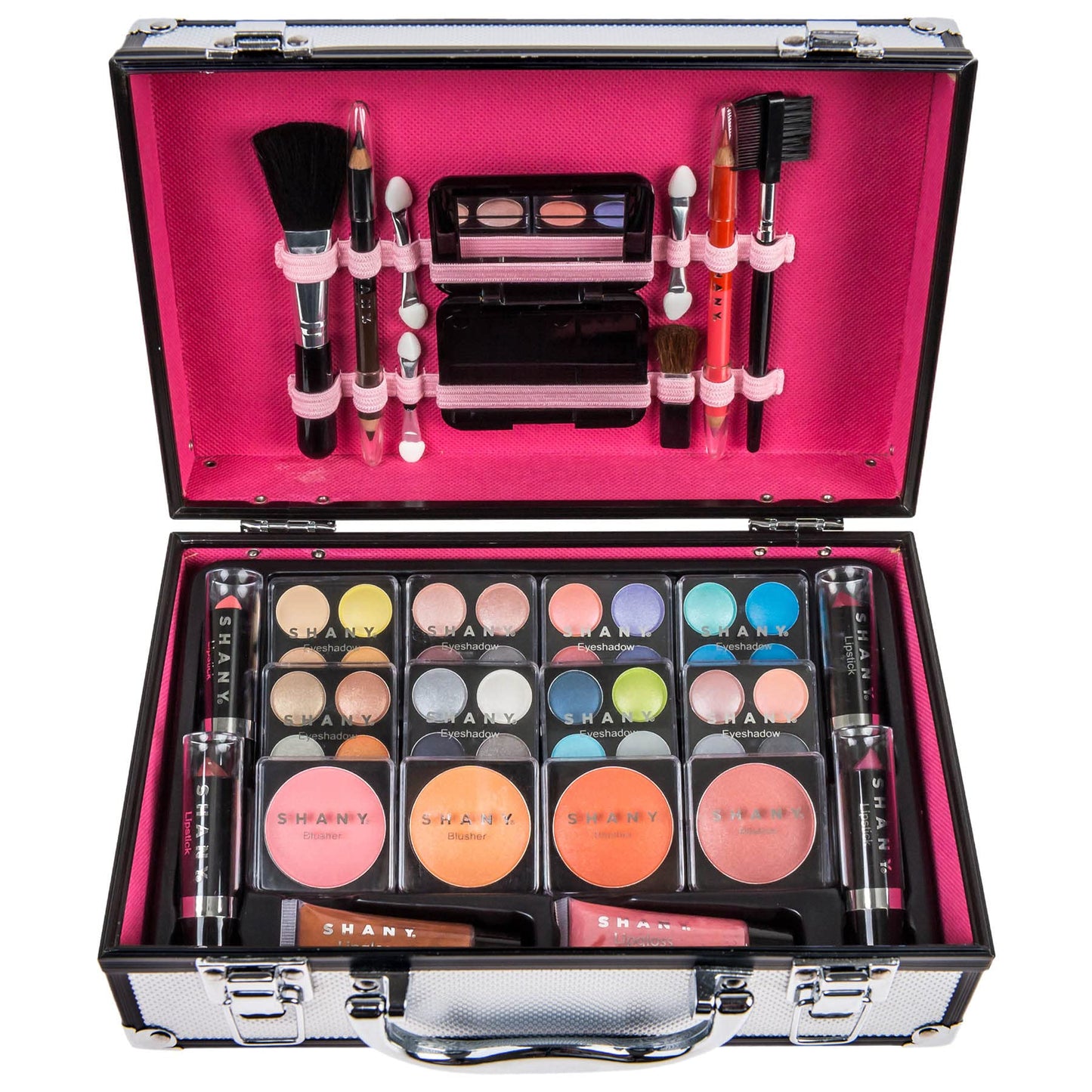 SHANY Carry All Make up Train Case with Pro Makeup Set, Beauty Brushes, Lipsticks, Eye Shadows, Blushes, Powders, and more - Reusable Cosmetics Storage Organizer - Premium Gift Packaging - Silver