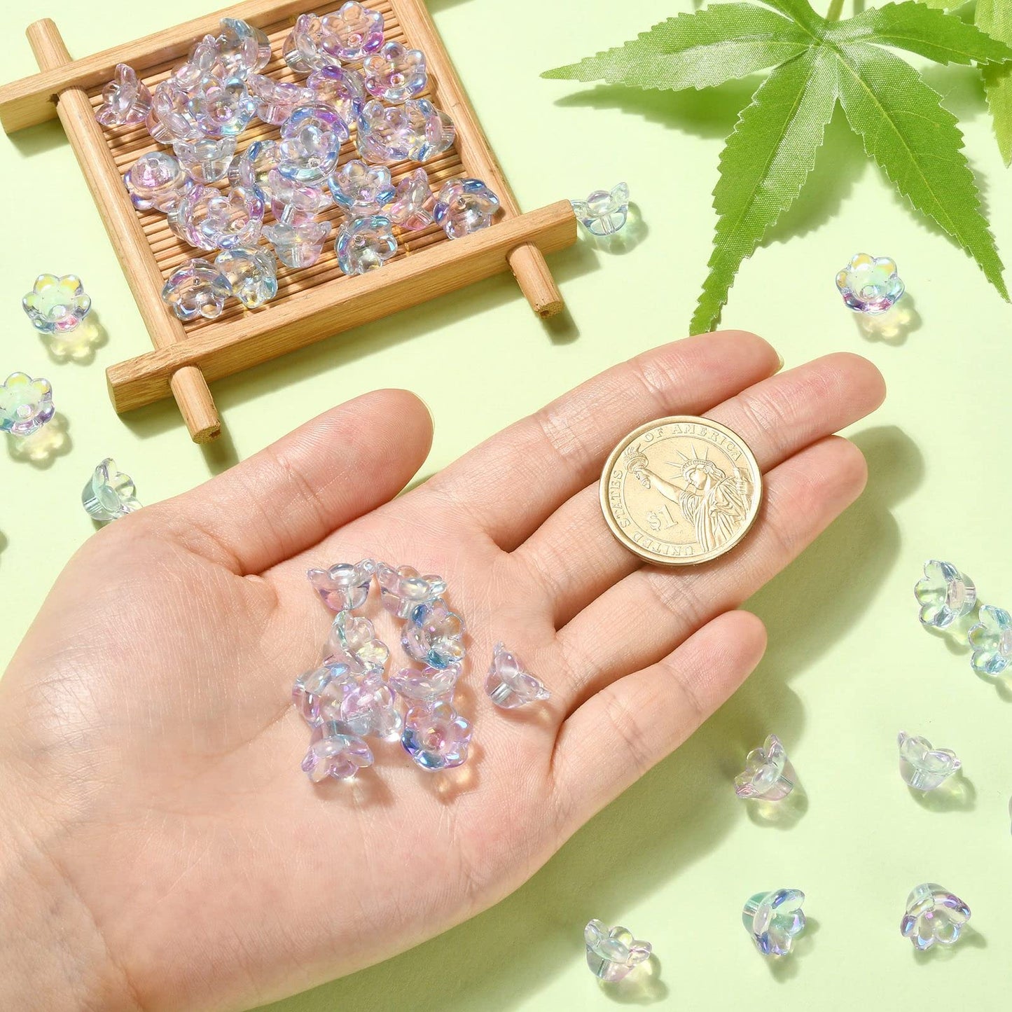 LiQunSweet 100 Pcs Handmade Lampwork Glass Crystal Beads AB Color Lily of The Valley Flower End Cap Beads for Jewelry Making