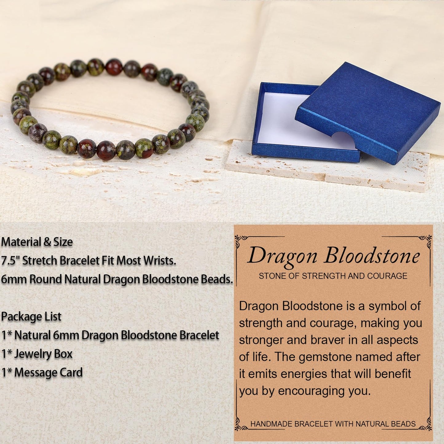 LPBeads Handmade Natural Gemstone Stretch Elastic 6mm Dragon Bloodstone Bracelet Healing Crystal Round Stone Beads Jewelry Gifts for Women Men