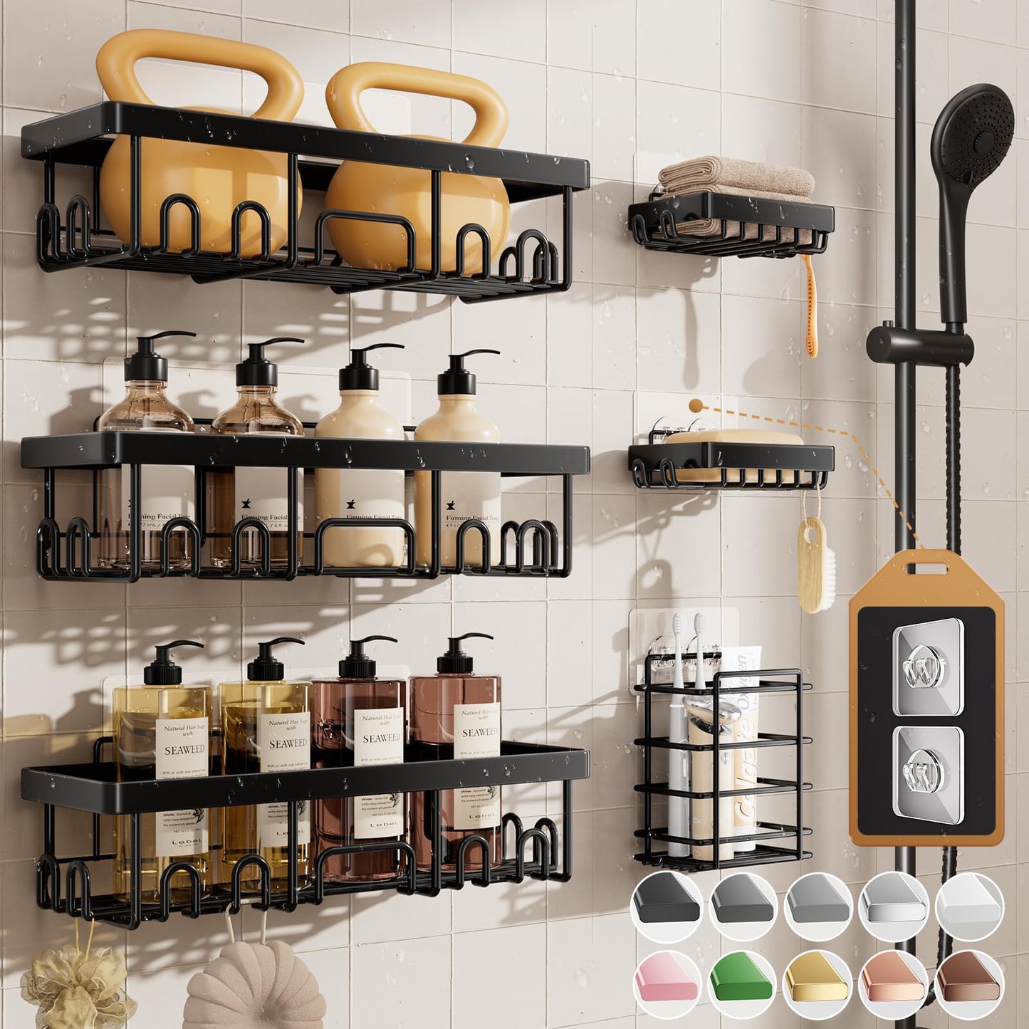 Veken Shower Caddy 6-Pack, Advanced Rustproof Design, No Drilling Adhesive Shelves, Rack with Soap Holder, Large Capacity Bathroom Organizers and Storage, Wall-Mounted Kitchen & Home Decor