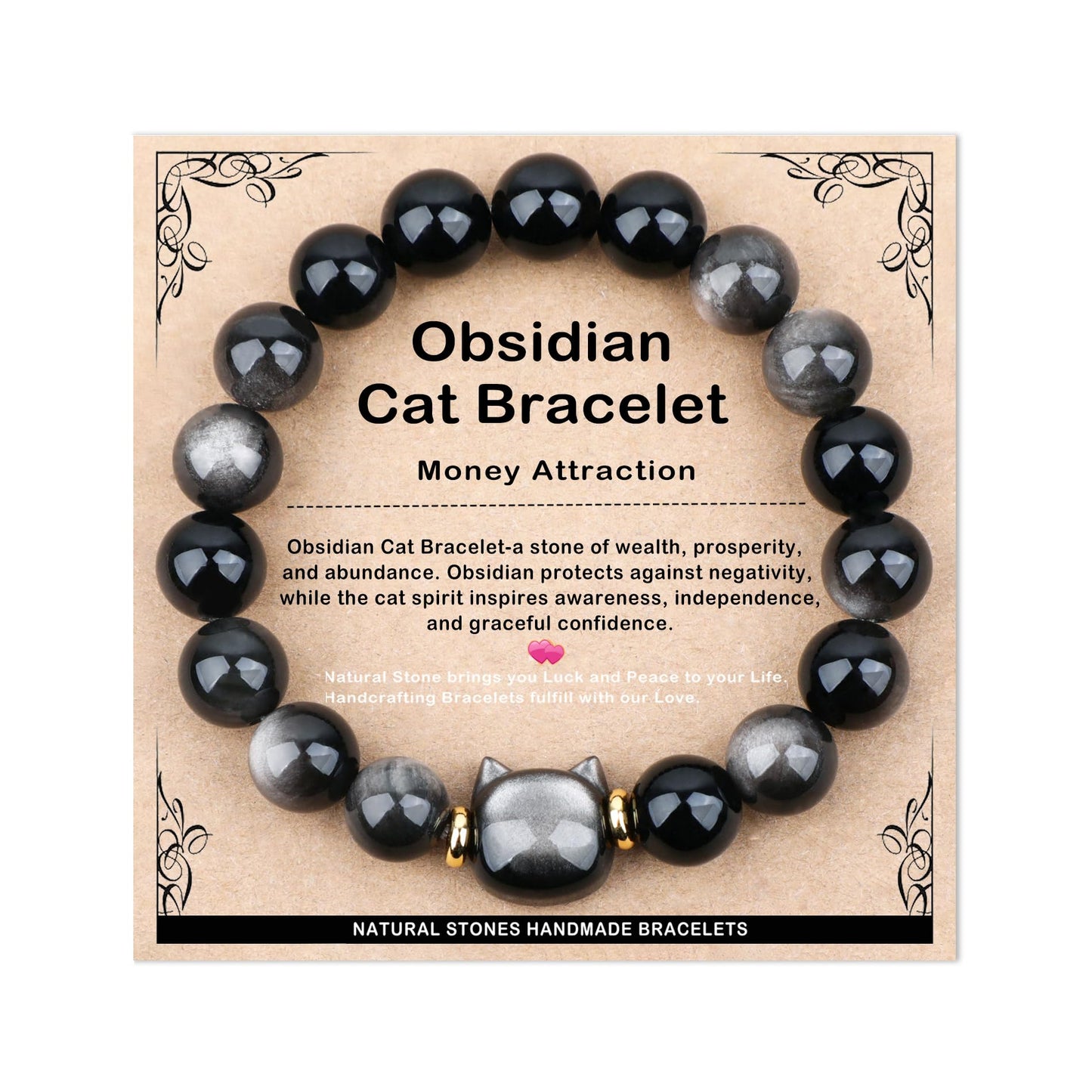 AD Beads 10mm Handmade Obsidian Cat Bracelet Elastic Bracelet – Natural Gemstone for Money Attraction – Meditation, Yoga, Healing and Energy Gift for Men Women