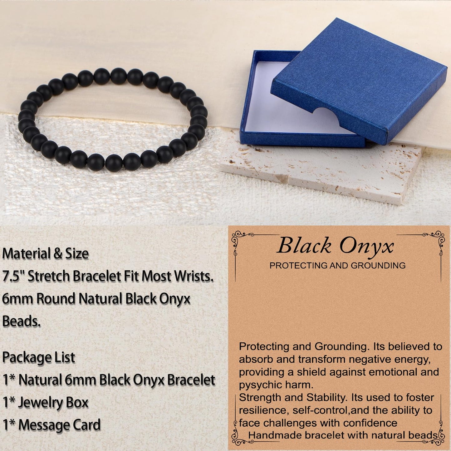 LPBeads Handmade Natural Gemstone Stretch Elastic 6mm Matte Black Onyx Bracelet Healing Crystal Round Stone Beads Jewelry Gifts for Women Men