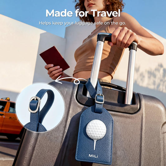 MiLi Leather Golf Bag Tracker Tag for iOS & Android - Works with Apple Find My & Google Find Hub, Bluetooth Locator for Golf Clubs, Travel Bags & Equipment, Premium Golf Gift, Blue