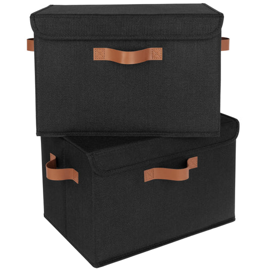 GRANNY SAYS Storage Bins with Lids, Decorative Storage Boxes with PU Handles, Black Storage Bin, Linen Closet Organizer, Shelf Baskets, Fabric Storage Bins for Clothes