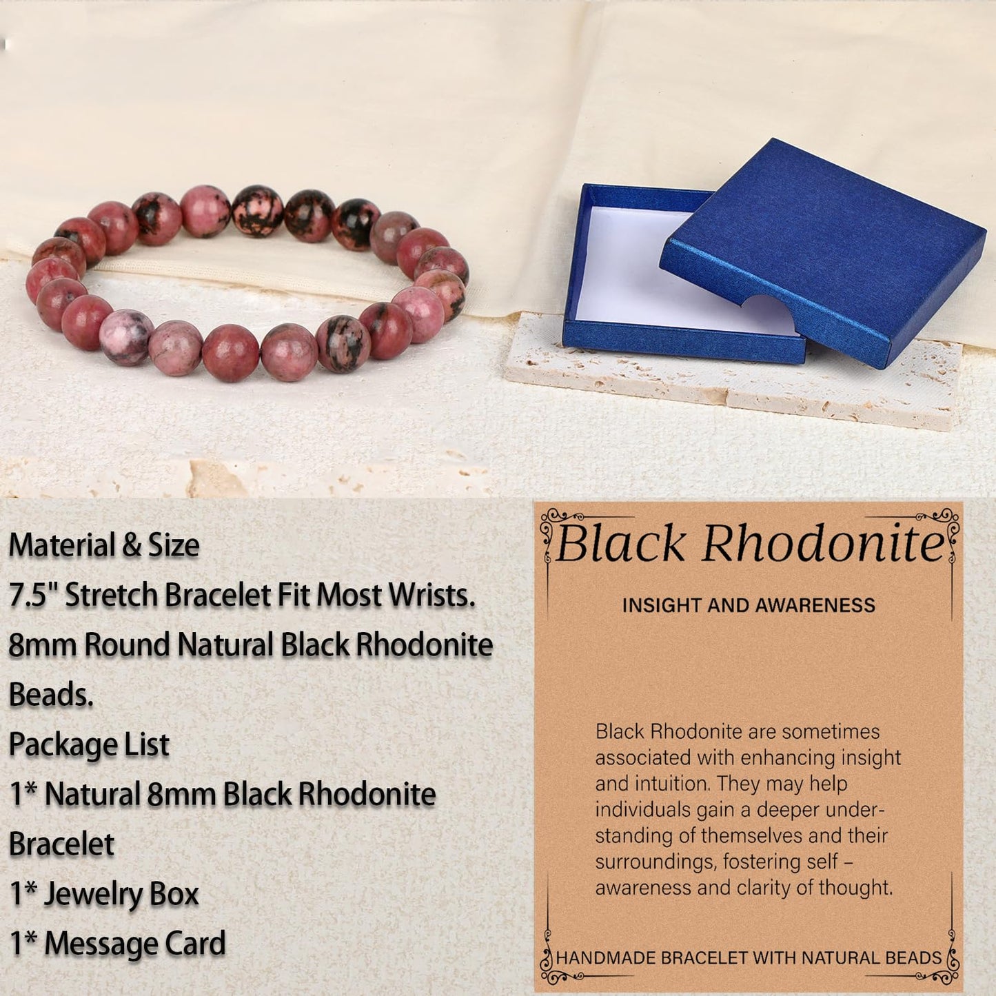 LPBeads Handmade Natural Gemstone Stretch Elastic 8mm Pink Black Rhodonite Bracelet Healing Crystal Round Stone Beads Jewelry Gifts for Women Men