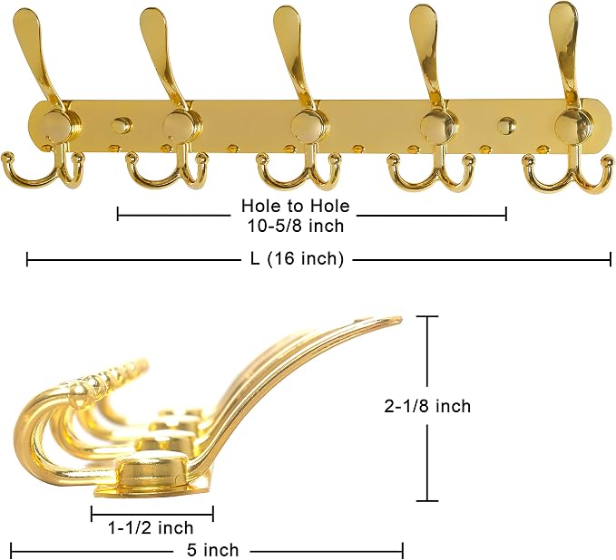Dseap Coat Rack Wall Mounted - 5 Tri Hooks, Heavy Duty, Stainless Steel, Metal Coat Hook Rail for Coat Hat Towel Purse Robes Mudroom Bathroom Entryway,Gold