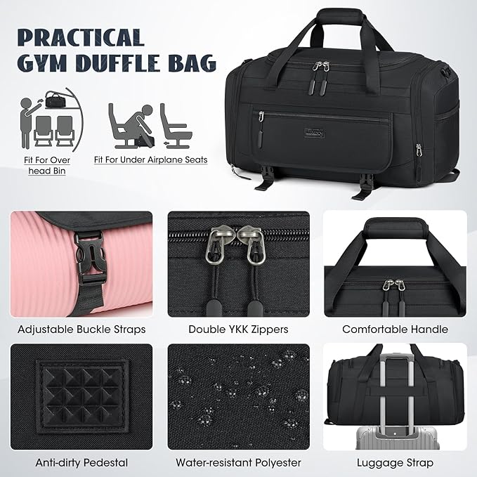 IGOLUMON Gym Bag for Men 40L Sports Duffel Bags Gym Duffle Bag Women with Shoe Compartment & Wet Pocket Water Resistant Travel Duffel Bag Lightweight Weekender Overnight Bag Black