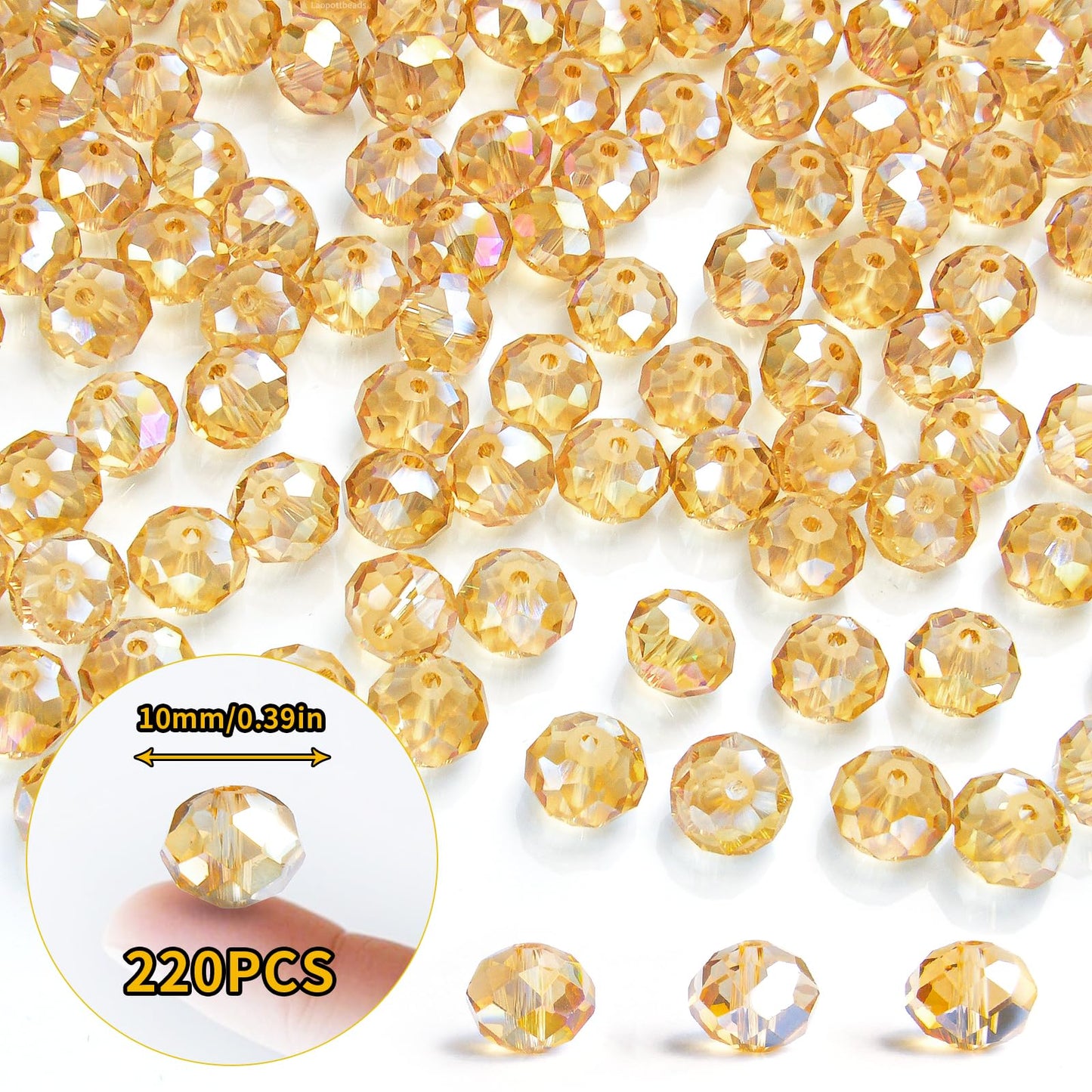 Laopottbeads 220Pcs 10mm Crystal Glass Beads for Jewelry Making Beads for Bracelets Necklace Pendants Making Supplies(Gold Champagne)