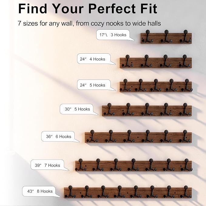 SKOLOO 17-Inch Wood Coat Rack Wall Mount with 3 Triple Hooks - Ideal for Family Entrances, Classrooms, and Pet Supplies Storage - Perfect Coat Hooks for Wall,Charred Golden Brown, Pack of 2