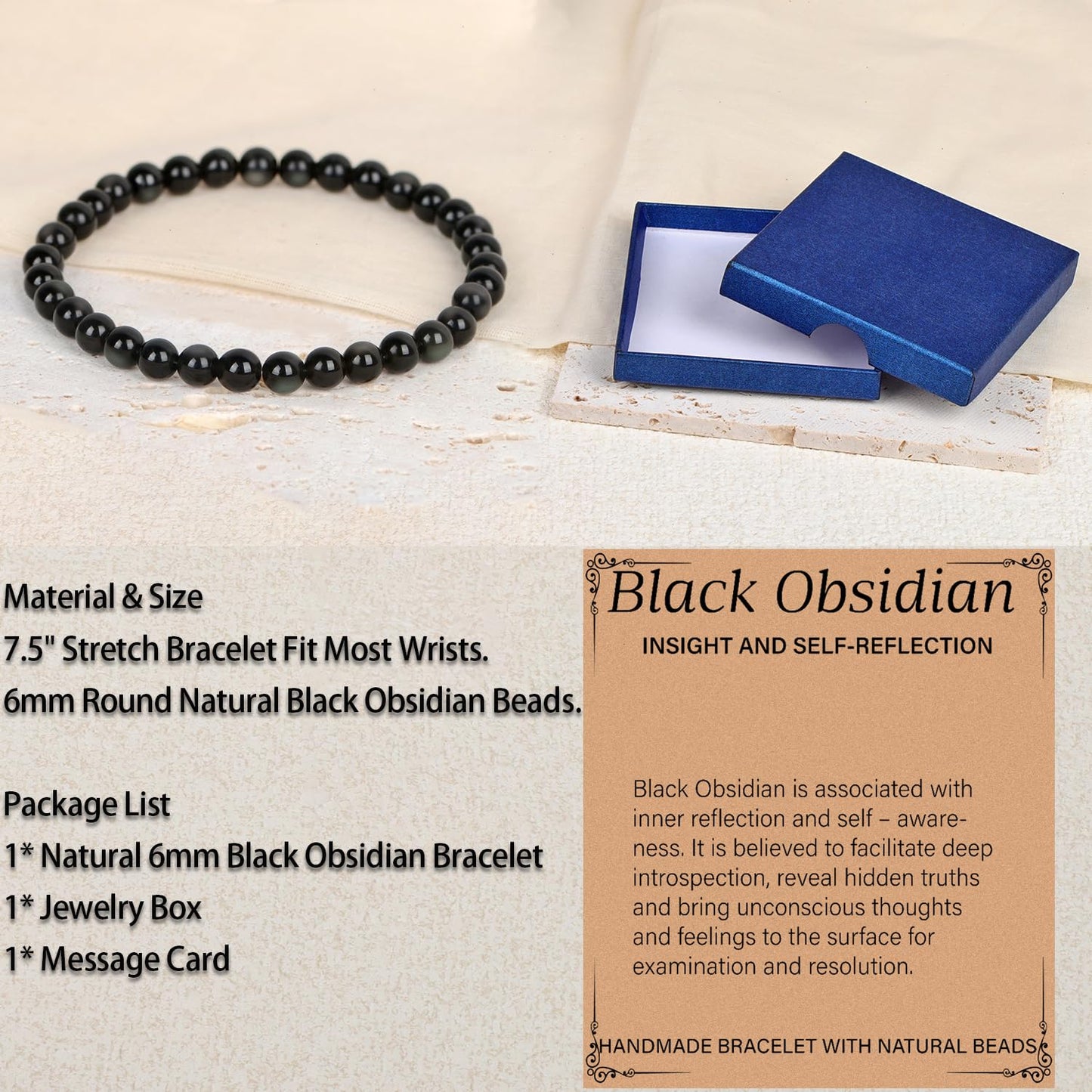LPBeads Handmade Natural Gemstone Stretch Elastic 6m Black Obsidian Bracelet Healing Crystal Round Stone Beads Jewelry Gifts for Women Men