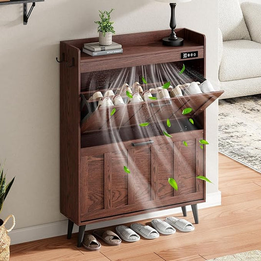 ChooChoo Shoe Storage Cabinet with 2 Flip Drawers, Deodorizing Shoe Organizer Storage for Entryway, Freestanding Hidden Slim Narrow Shoe Rack Cabinet, Walnut