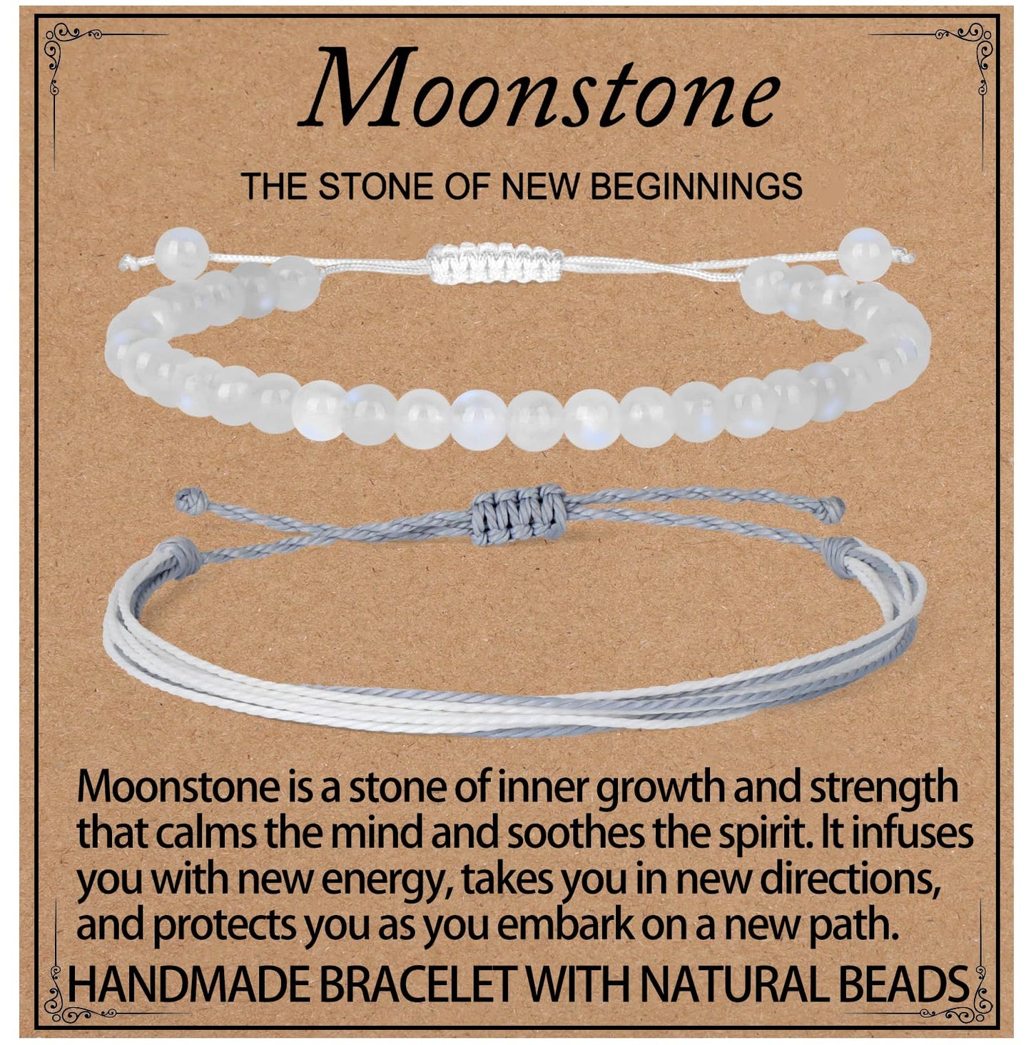 LPBeads 4mm White MoonStone Bracelet with Handmade Rope Bracelet Size Adjustable Natural Stone Crystal Healing Bracelets Gifts for Unisex Adults