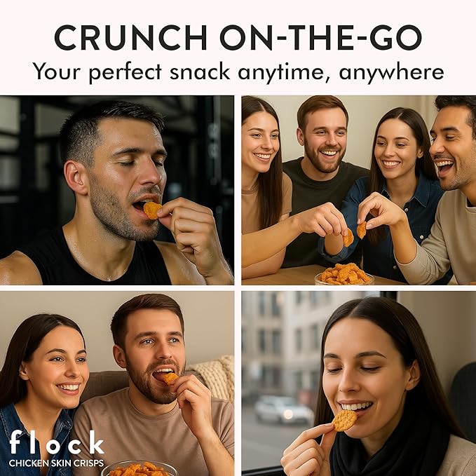 Flock Keto Chicken Skin Chips | 4 Flavors Variety Pack | Low Carb, High Protein, Sugar Free, Gluten Free Fried Chicken Skins for People | (1oz) 8-Pack Crispy Flock Chips
