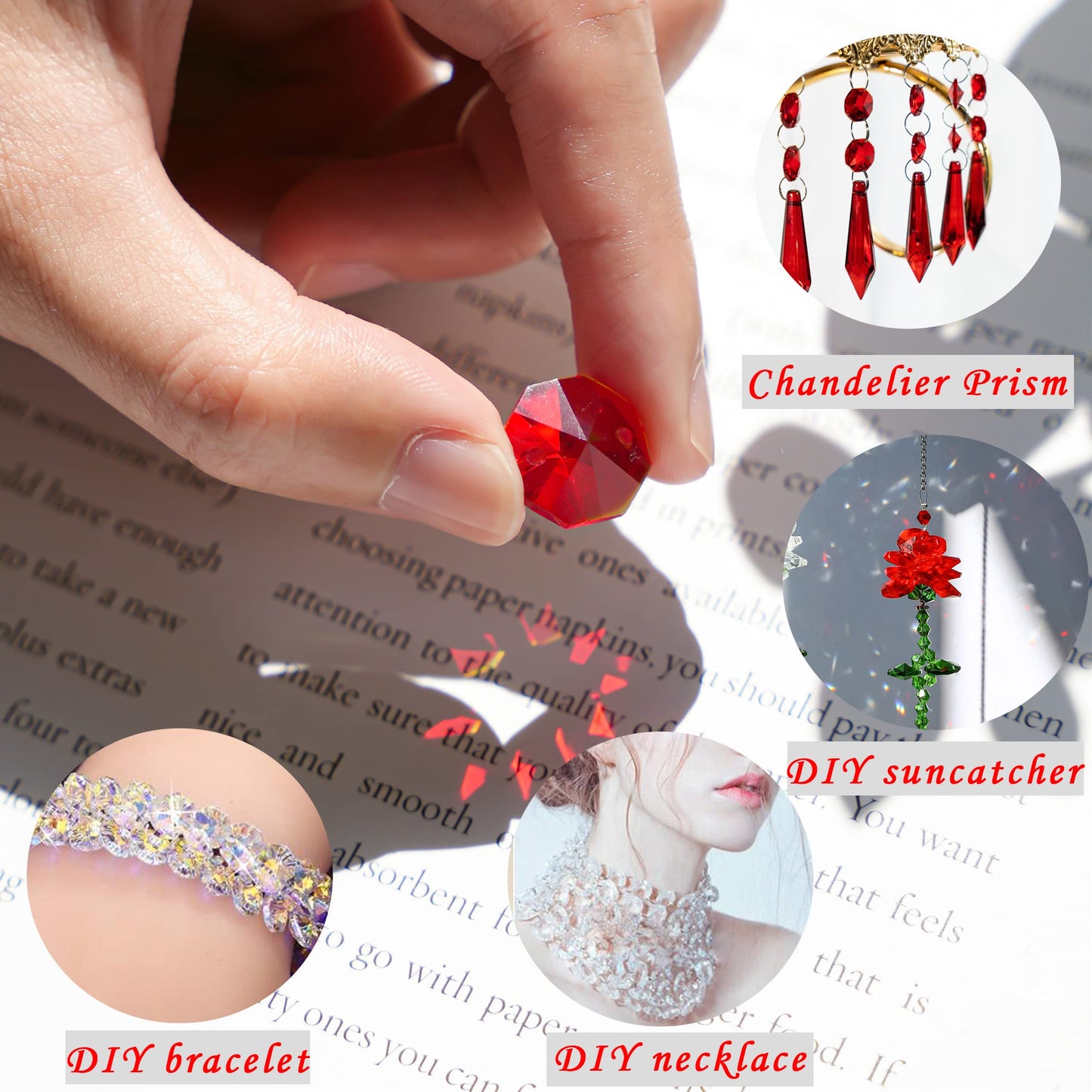 14mm 100pcs Crystal Suncatcher Octagon Beads Prisms, Ideal for Jewelry Making, Chandelier Crystals DIY Parts, Chandelier Replacements,Arts Crafts(Red)