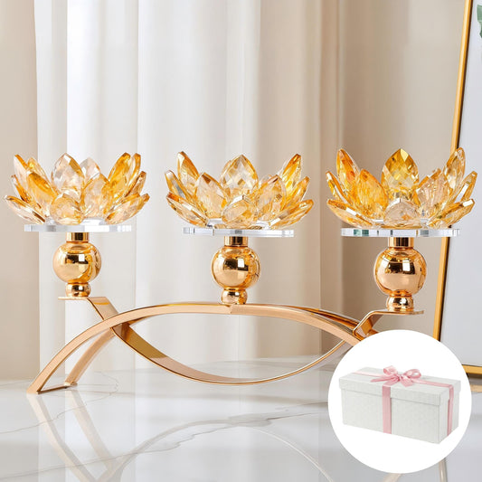 Dounx 5.6" Tall Crystal Candle Holders Lotus Candelabras Gold Arch Candlestick, Centerpiece Table, Home Hecor for Wedding, Dinning Room, Coffee Table, Kitchen, Living Room (26.7cmL, Tealight Candle)