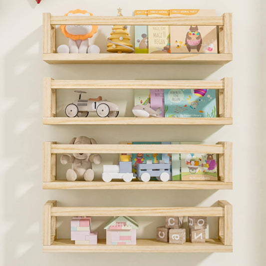 Picrit Set of 4 Natural Solid Wood Nursery Floating Shelves - Decorative Wall-Mounted Kids Bookshelf for Toy Storage & Book Display in Playroom or Kids Room, Durable Organizer