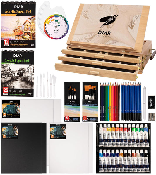 DJAR 87 pcs Acrylic Paint Set with 3 Drawer Storage, 24 Colors of Acrylic Paint, Sketch Book, Paints and Pads, Art Supplies Kit for Adults, Teens and Beginners