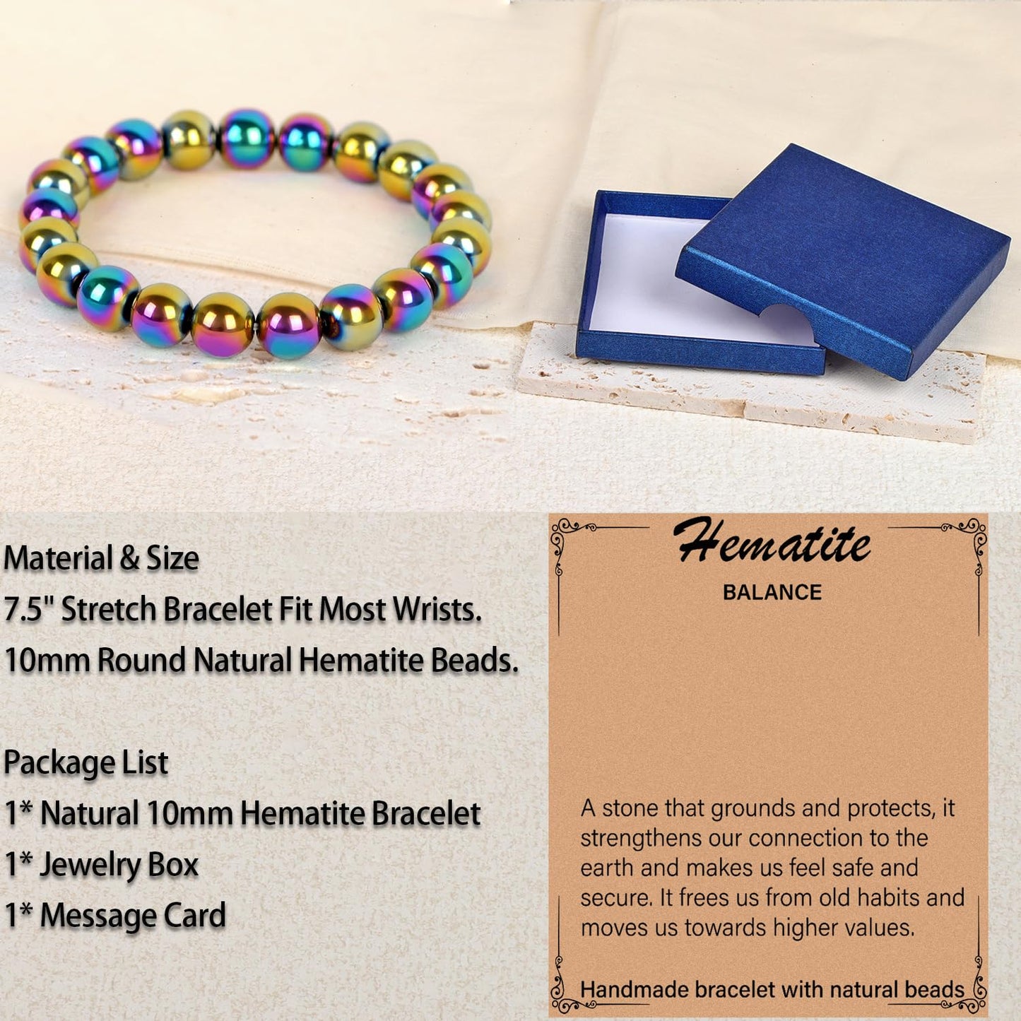 LPBeads Handmade Natural Gemstone Stretch Elastic 10mmm Rainbow Coated Hematite Bracelet Healing Crystal Round Stone Beads Jewelry Gifts for Women Men