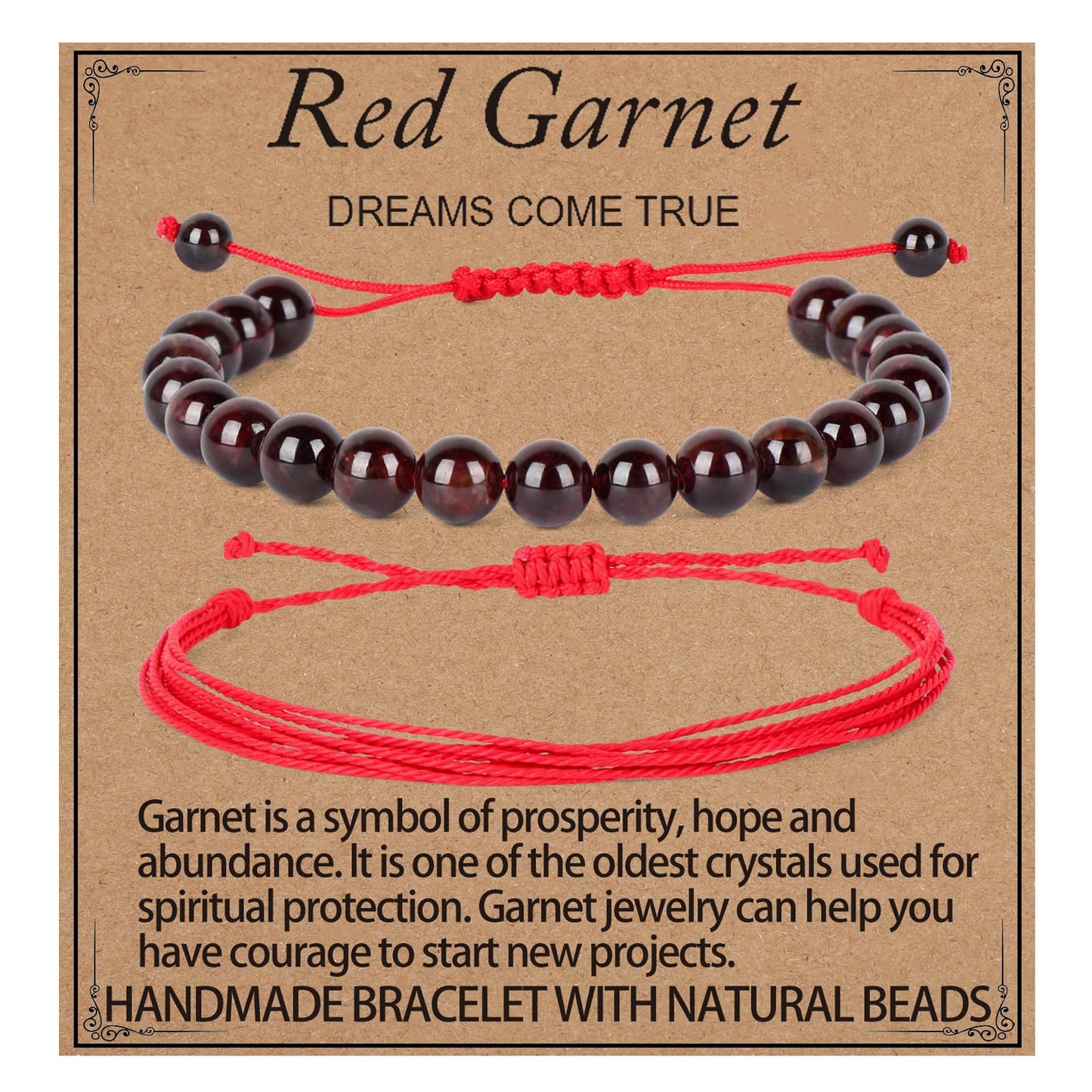 LPBeads 8mm Garnet Bracelet with Handmade Rope Bracelet Size Adjustable Natural Stone Crystal Healing Bracelets Gifts for Unisex Adults