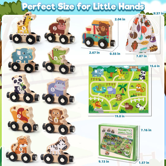 Toys for 1 2 3 Year Old Boys Girls, Montessori Toys Magnetic Wooden Train Set Gifts for 2-3-4 Year Old Boy Girl Educational Toddler Toy Birthday Presents Age 1+ Kids Animal Farm Games with Track Mat