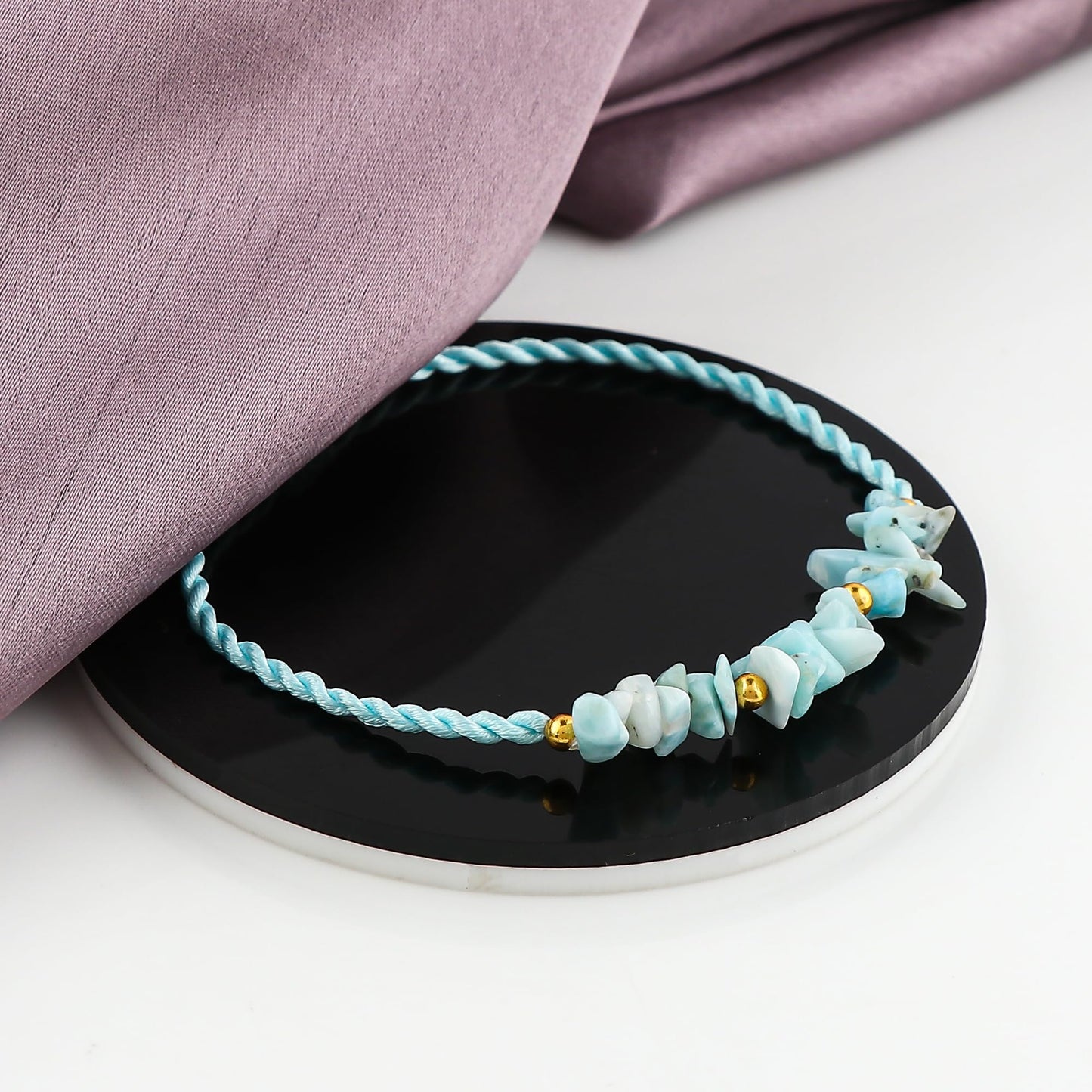 GEMSYMPHONY Larimar Gemstone Chips Rope Bracelet – Adjustable Handmade Crystal Chip Bead Bracelet for Women & Men, Natural Stone Healing Jewelry, Boho Style, Unisex Spiritual Gift (Larimar)