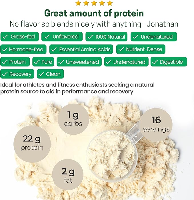 Z Natural Foods Grass-Fed Whey Protein Concentrate - Clean Whey Protein Powder from New Zealand - Cold Processed Pure Whey Protein with Essential Amino Acids for Nutrition & Fitness, Unflavored, 1 lb