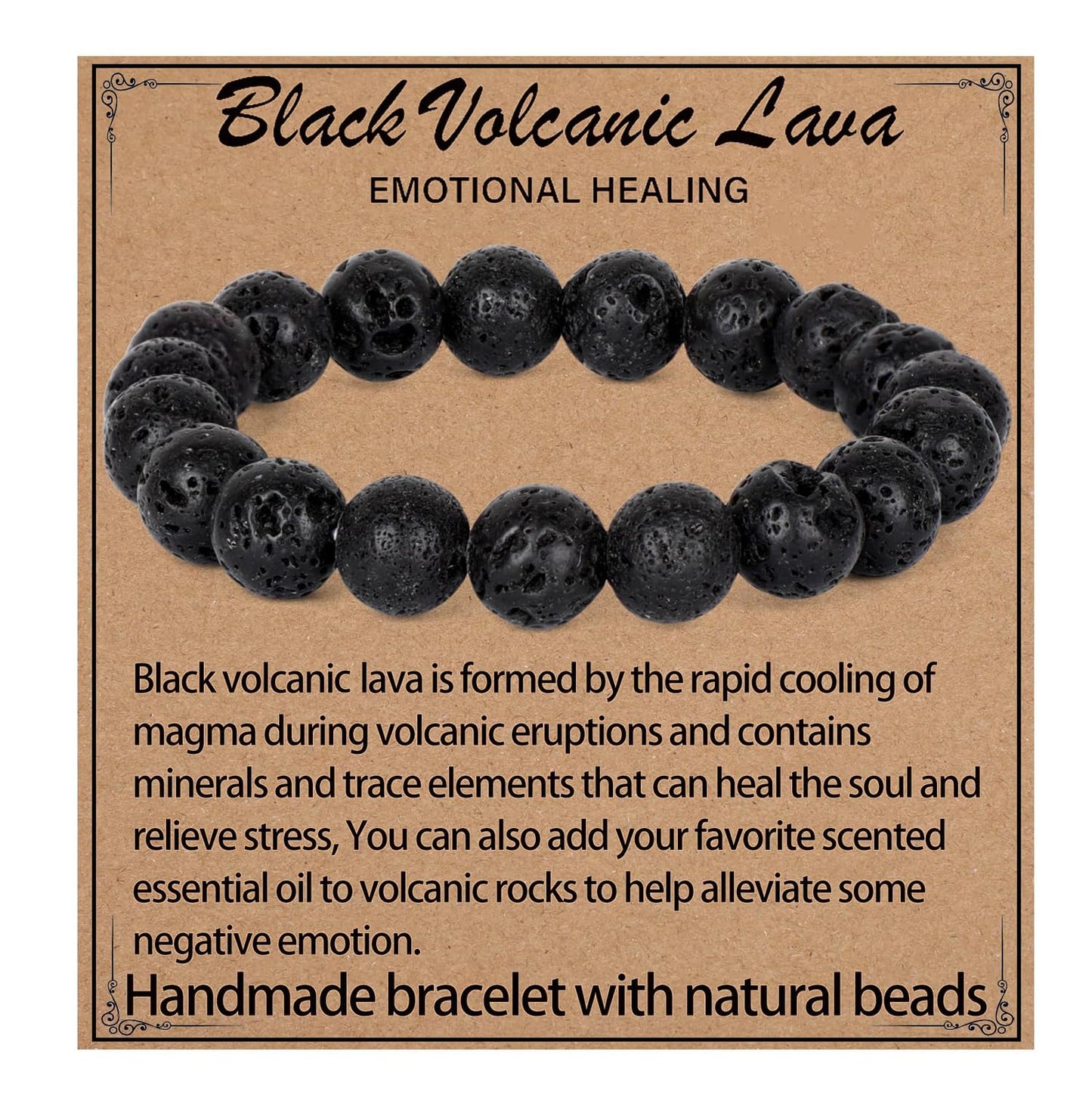 LPBeads Handmade Natural Gemstone Stretch Elastic 10mm Black Lava Bracelet Healing Crystal Round Stone Beads Jewelry Gifts for Women Men