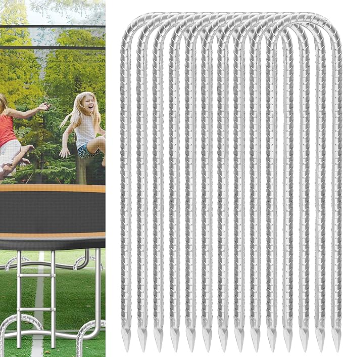 Trampoline Stakes Anchors High Wind 16inx10mm Galvanized U Hook 10pcs Rebar Stakes – Heavy Duty Ground Anchors for Trampoline,Yard & Inflatable,Landscape Metal Stakes for Outdoor Decorations