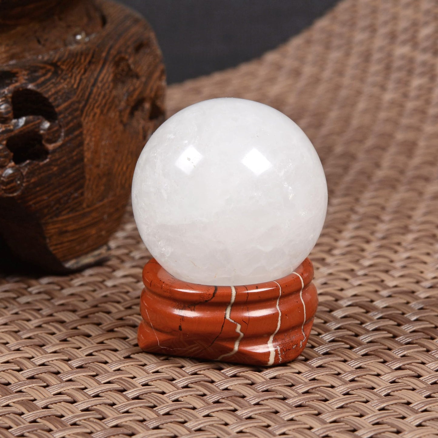 Justinstones Natural Polished White Jade Sphere with Red Jasper Stand – Handcrafted Gemstone 30mm Ball for Energy Healing, Meditation, and Home Décor