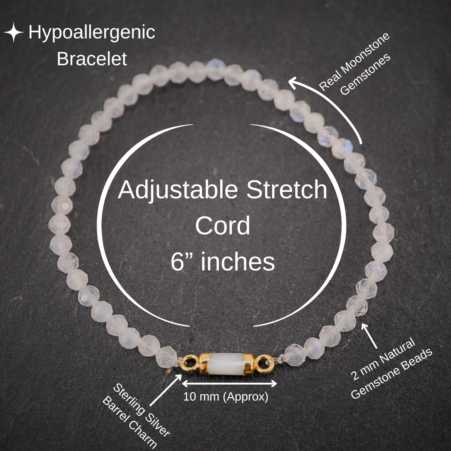 Moonstone Bracelet Birthday Gift for Girls, Toddler Bracelet with Certified 925 Sterling Silver 18K Gold Vermeil Moonstone Crystal Barrel Charm - Natural Organic Gift