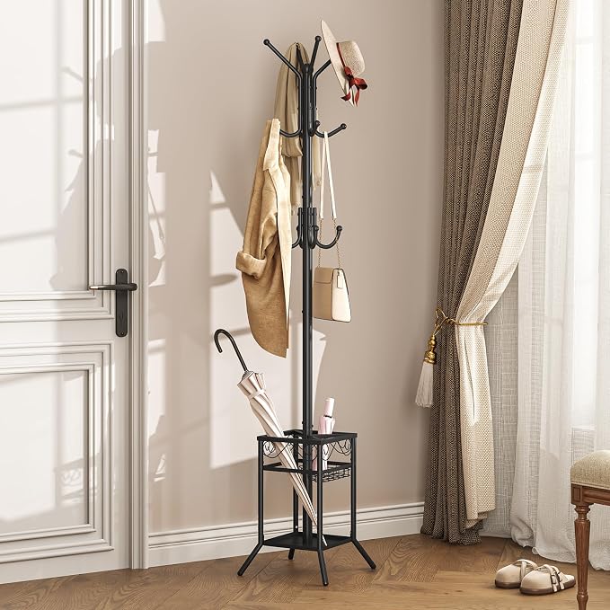 ELYKEN Coat Rack Freestanding, Coat Tree with Umbrella Holder, Metal Coat Rack Stand with 12 Hooks, Modern Standing Coat Hanger Stand, Hall Tree for Entryway Living Room Bedroom Office, Black