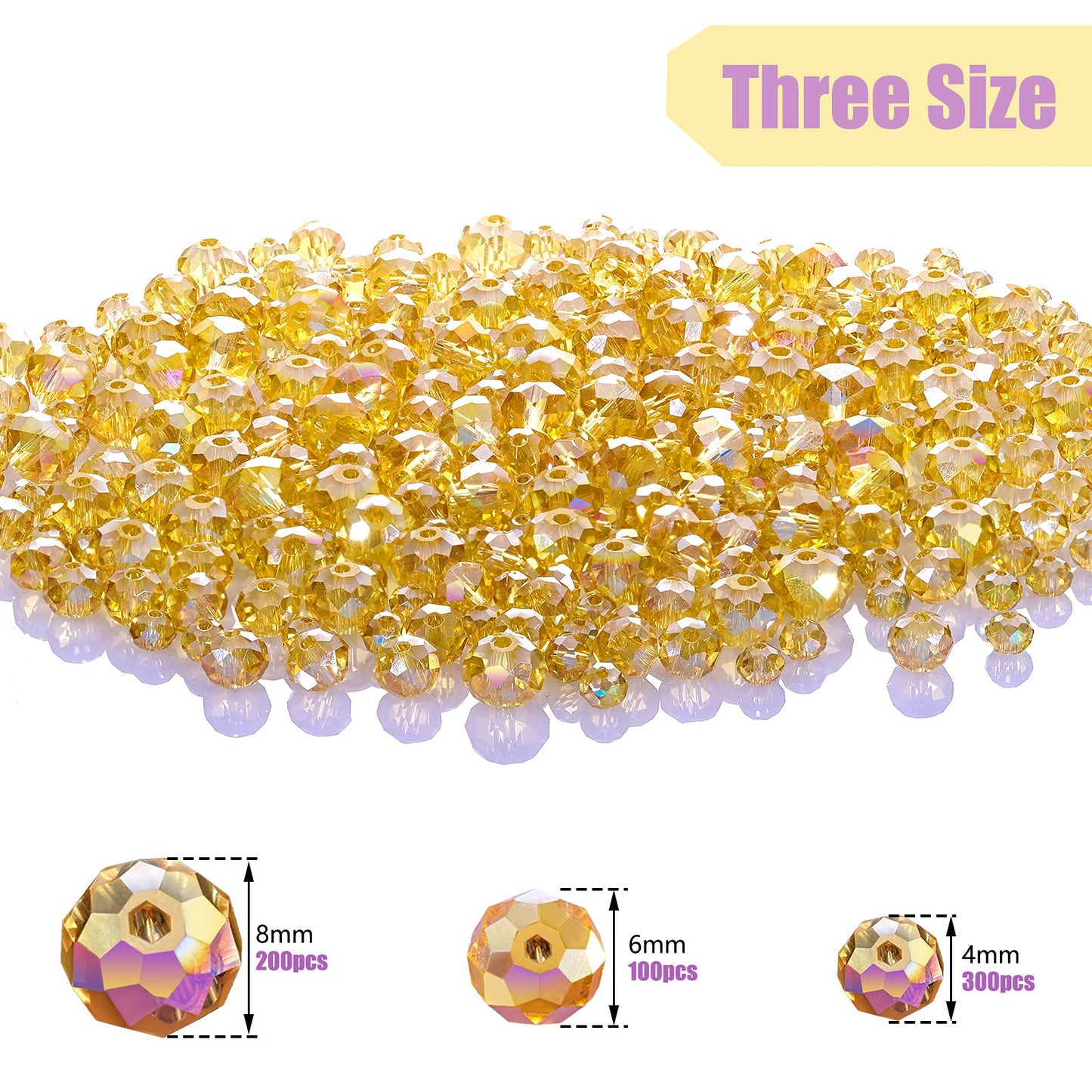 WILLBOND 600 Pcs Crystal Glass Beads for Jewelry Making Bulk Suncatcher Faceted Rondelle Loose Gemstone for Valentine's Day, Irish Holiday, Easter Bracelet DIY Crafts 8mm, 6mm, 4mm(Champagne Gold)