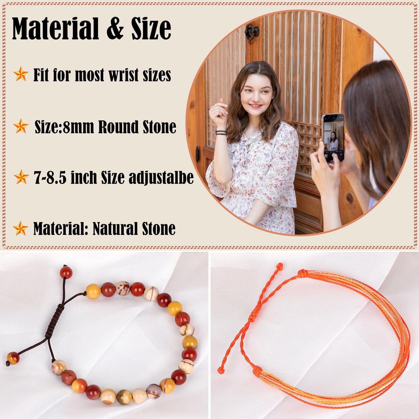 LPBeads 8mm Moukaite Jasper Bracelet with Handmade Rope Bracelet Size Adjustable Natural Stone Crystal Healing Bracelets Gifts for Unisex Adults