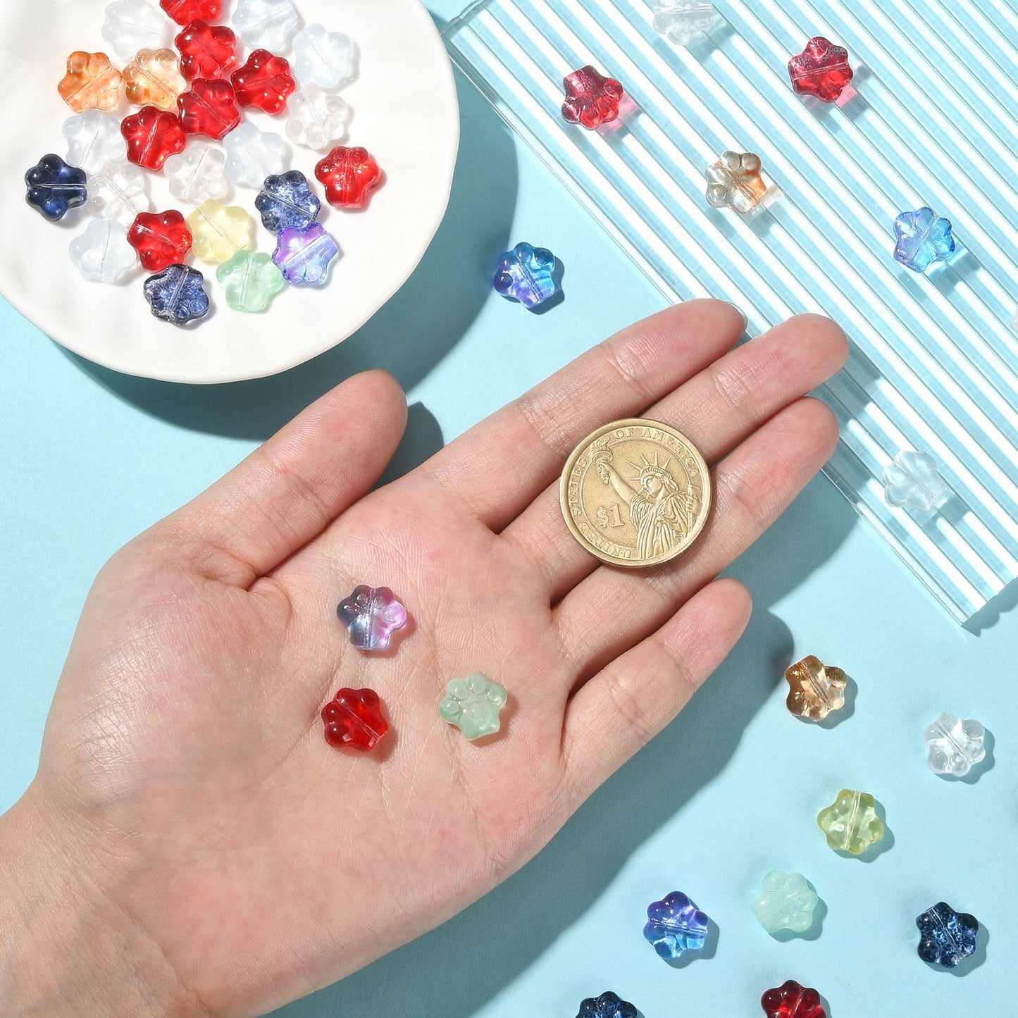 LiQunSweet 100 Pcs Mixed Style Colorful Cystal Glass Beads Dog Cat Animal Paw Prints Footprint Beads for Jewelry Making