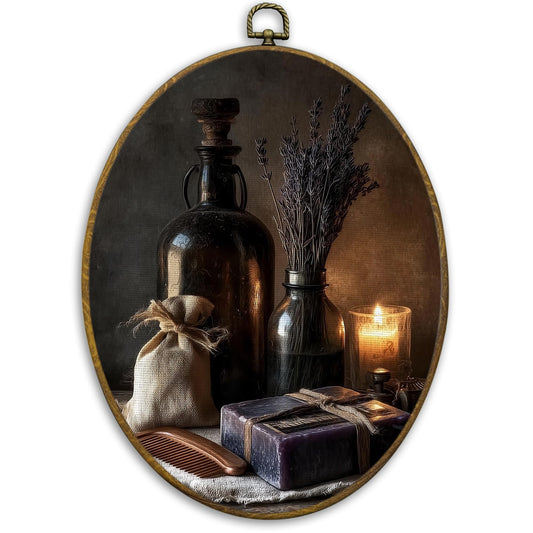 CUANFDDSF Vintage Bathroom Oval Wall Art Decor, Moody Apothecary Wall Hanging Decor, Rustic Farmhouse Dark Academia Framed Canvas Prints for Bathroom Washroom Restroom, 8.6x11.4 Inch