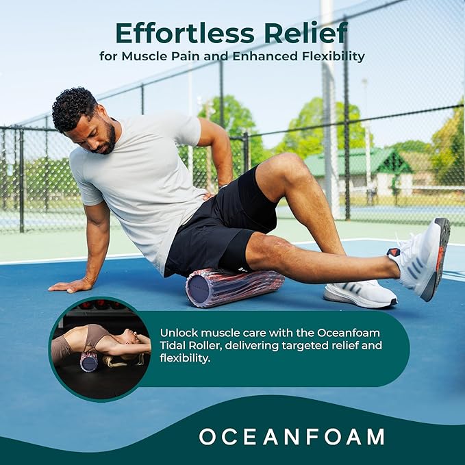 Oceanfoam Tidal Roller - Red, Dark Navy & Natural Marbled - Muscle Massage Foam Roller for Back Pain & Stretching - Firm & Ergonomic Wide Wave Textured - Yoga, Athletics, Wellness - Full Size 20" x 5"
