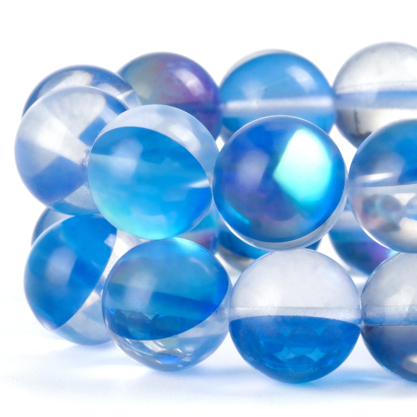 RUBYCA Round Moonstone Crystal Glass Beads Aura Iridescent for Jewelry Making (1 Strand, 12mm, Blue)