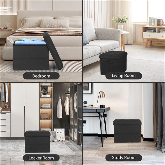 FaiPue Storage Ottoman Foot Rest with Thicker Foam Padded Seat. Small Bench with Storage. 350 lbs Linen Folding Footstool Bench for Living Room, Bedroom, Home Office. 17x13x13in, Gray Black