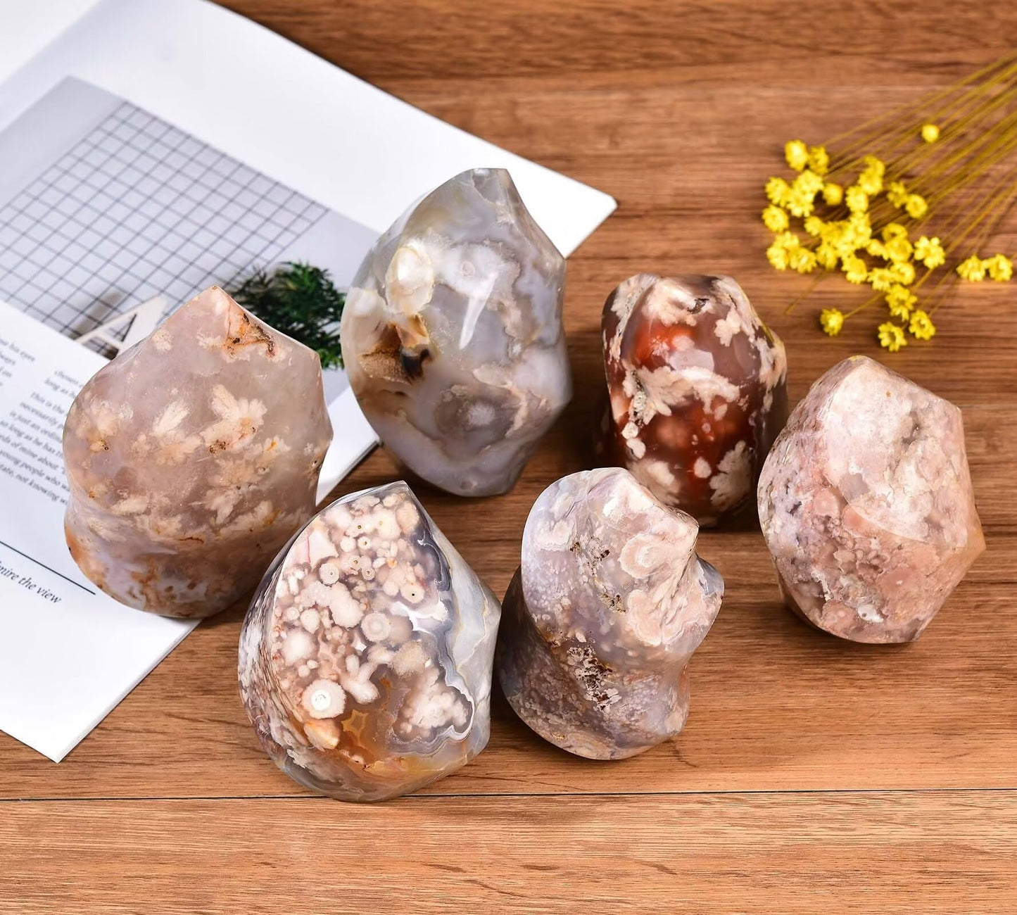 AMOYSTONE Cherry Blossom Agate Flame Shaped Stone Towers Obelisk Flower Agate Natural Healing Crystal Quartz Reiki Energy Decoration Home Office 0.6-1.0LBS