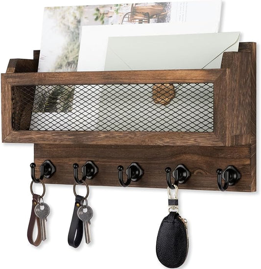 Nekon Mail and Key Holder for Wall Decorative, 11 Inch Wooden Wall Key Organizer with 5 Key Hooks, Wall Mount Storage Shelf for Entryway Hallway (Brown)