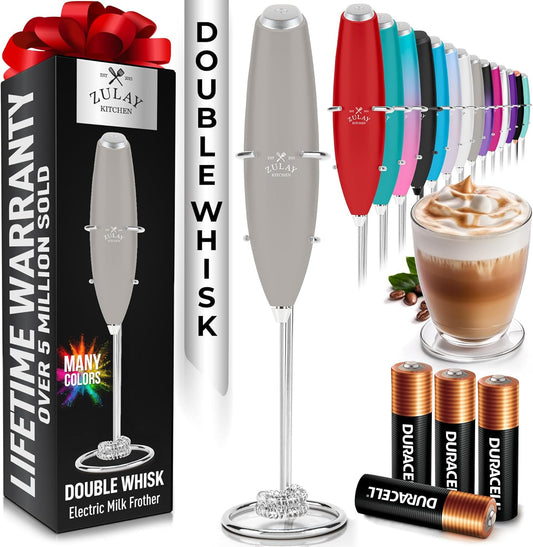 Zulay Kitchen Milk Frother - Powerful Handheld Whisk for Coffee, Lattes & Matcha - Includes 4 Duracell Batteries