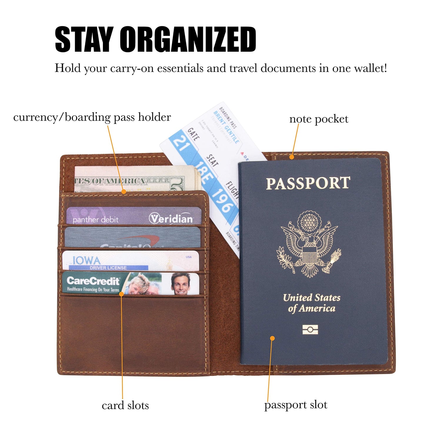 WANDERINGS Leather Travel Wallet with Passport Holder - 5.5" x 4" - Genuine Leather Case with RFID Blocking for Men and Women - Folding Wallet for Passports