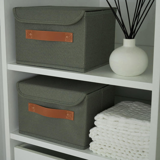 Decorative Linen Storage Boxes with Lids - Spacious Set of 2 Organizer Bins for Your Home Decor - The Perfect Small Container to Safely Store Photos, Documents and Memory Box Keepsakes in Style