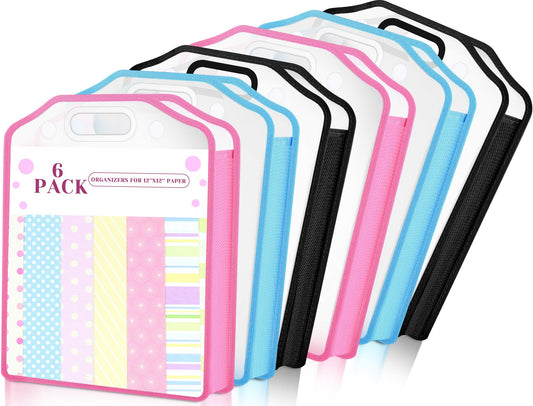 PerKoop 6 Pcs Scrapbook Paper Storage Organizer 12'' x 12'' Sheets Portable Expandable Paper File Storage with Handle and Button Closure for Holding Scrapbook File Cardstock(Blue, Black, Pink)